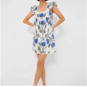 JULIET DUNN White Klein Blue Baby Doll Dress with‎ Bellflower Block Print Size L